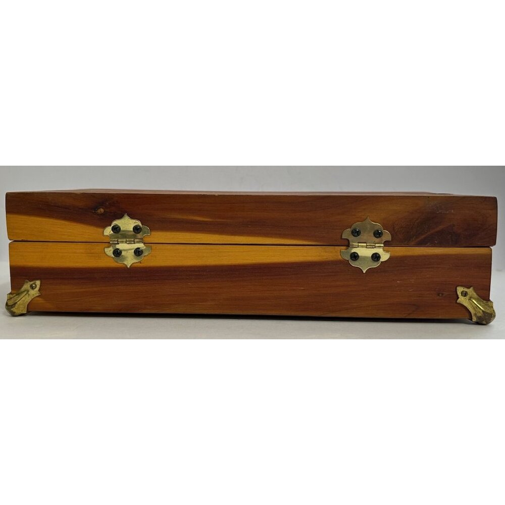 Vintage Wooden Cedar Jewelry Trinket Storage Box Metal Hinges & Feet 11.25"x3" - Picture 3 of 9